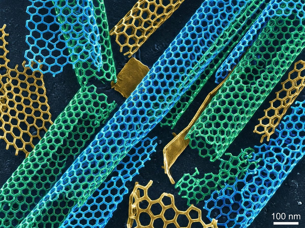 Micrografía electrónica coloreada de nanotubos y láminas de carbono