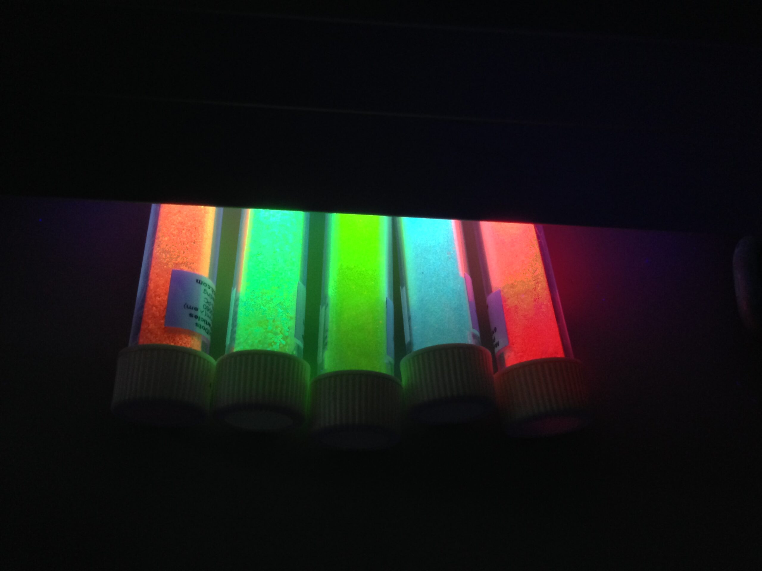 Nanopartículas luminiscentes de distintos tamaños bajo luz ultravioleta